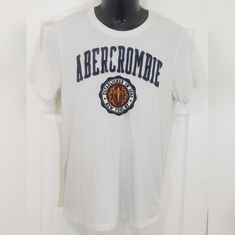 Abercrombie & Fitch Shirt Mens Medium White Blue Crew Neck Short Sleeve T-Shirt